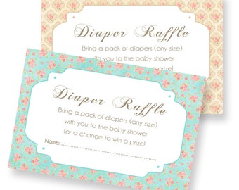 Chabby Chic Vintage Flower - Diaper raffle printable card - For Baby Shower- Teal, Coral and cream INSTANT DOWNLOAD