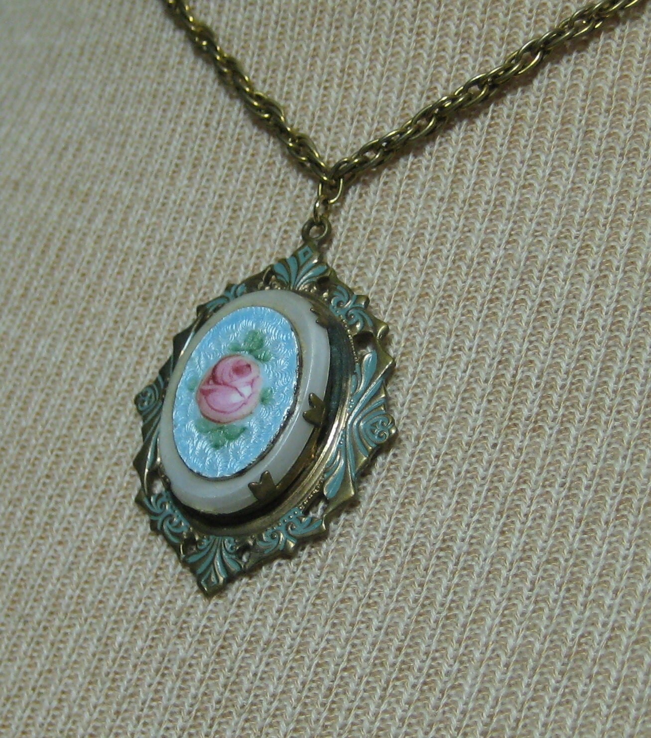 Vintage Guilloche Enamel Hand Painted Pink Rose on Mother of Pearl Blue ...