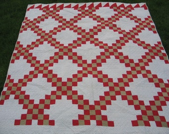 Antique Double Irish Chain Quilt Circa 1800s Primitive Hand Pieced~Quilted Red Tan & White