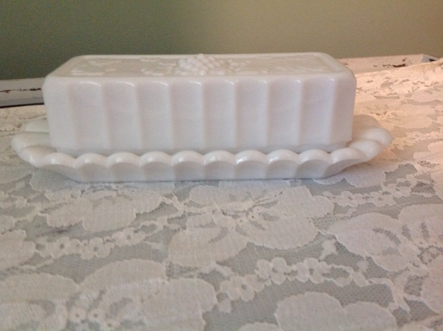 Vintage Westmoreland Milk Glass Butter Dish Grape Design Vintage Butter