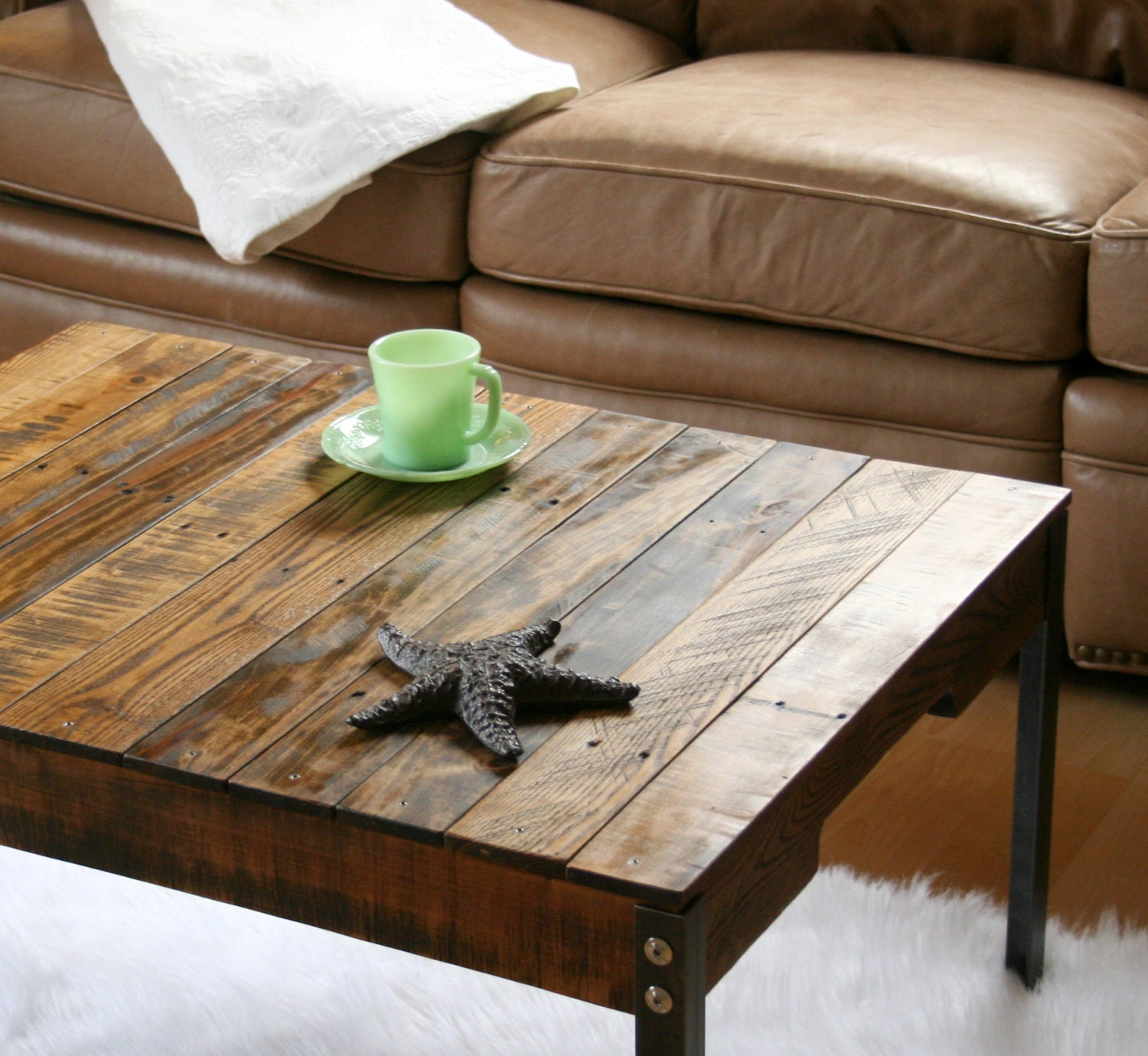 Rustic Industrial Reclaimed Wood Coffee Table with Iron Legs