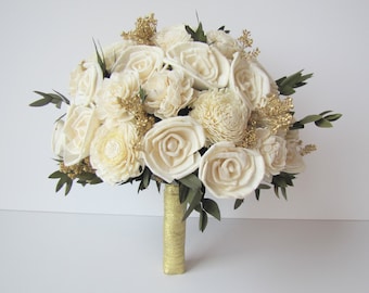 Ivory and Gold Bridal Bouquet - Bride's Flowers - Bridal Bouquet - Keepsake Wedding Bouquet - Large Bridal Bouquet - New Years Wedding