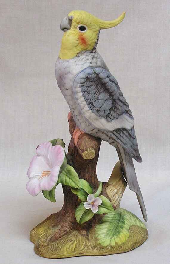 Bisque Arnart Cockatiel Parrot Bird Figurine on Tree