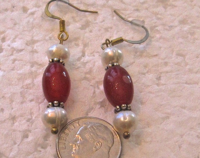 Natural Pearl and Ruby Gem Bead Earrings, 2 Inches Long, Gold Plate E80