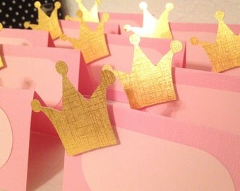 12 Pink and Gold princess party food cards, Gold Crown Food cards, Princess party