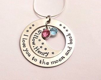 I love you to the moon and back hand stamped personalised necklace