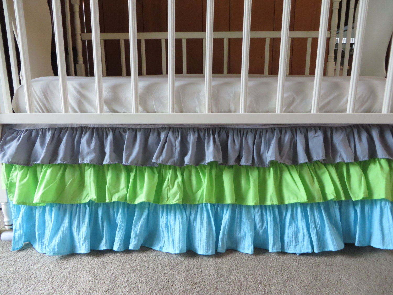 Ombre Ruffle Crib Skirt in Grey Lime Green Aqua Ruffle Crib