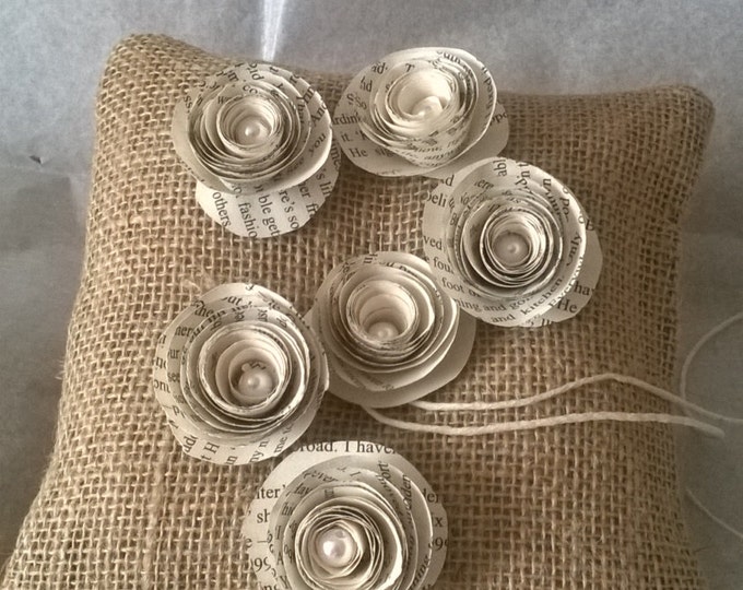 Book Page Rolled Flowers, Hessian Ring Bearer Pillow , Book Page Flower Ring Cushion, Made to order, Free Shipping