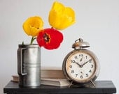 Antique Alarm Clock, German Desk Clock, Retro Clock, Gray Neutral, 1930s 30s Decor, Home Decor, Silver, Coffee Beige Brown, Wedding Gift