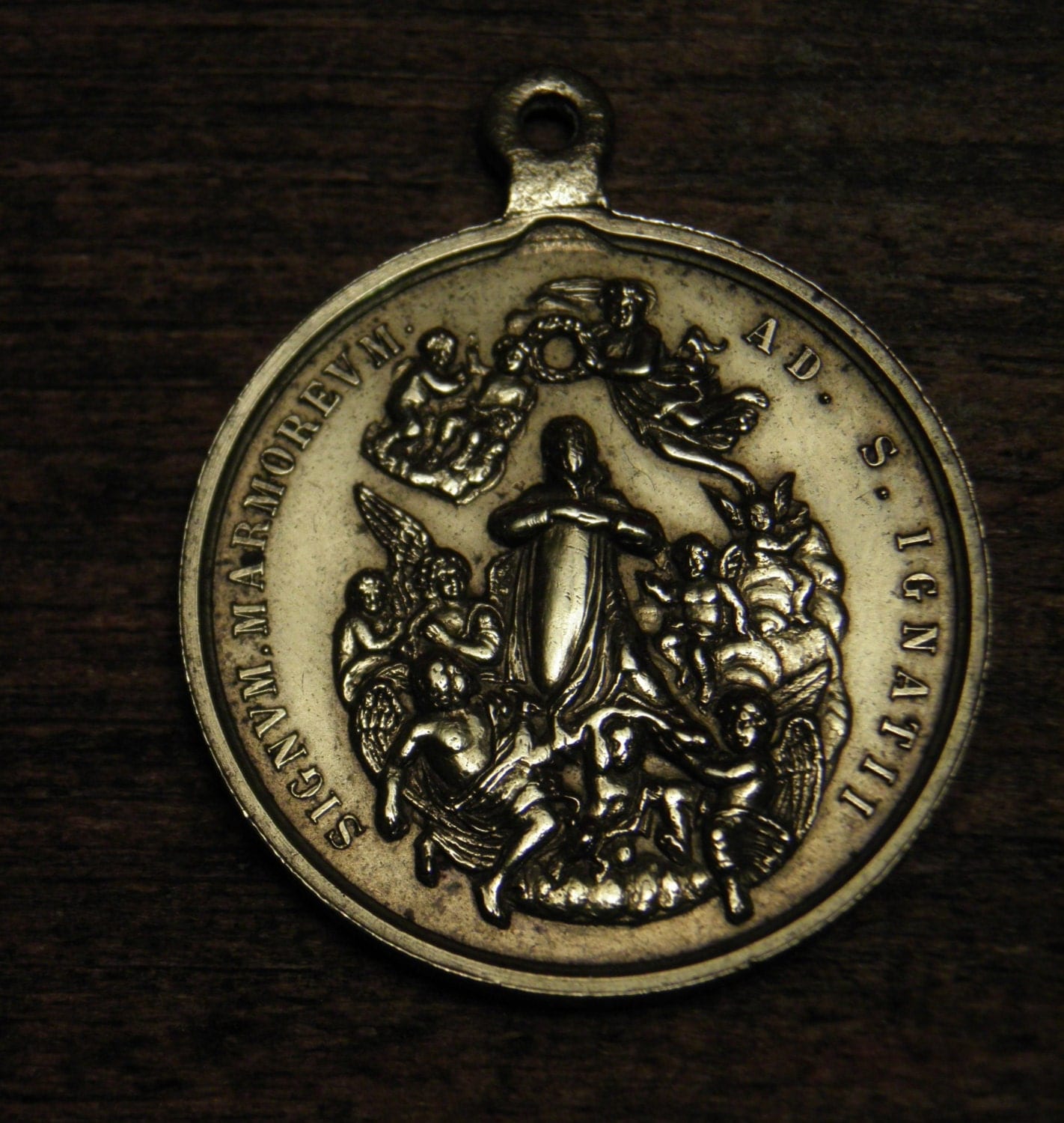 Antique religious bronze medal pendant in Latin with angel