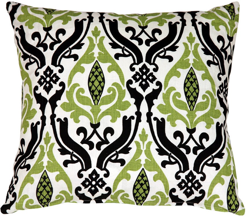 Linen Damask Print Green Black 18x18 Throw Pillow