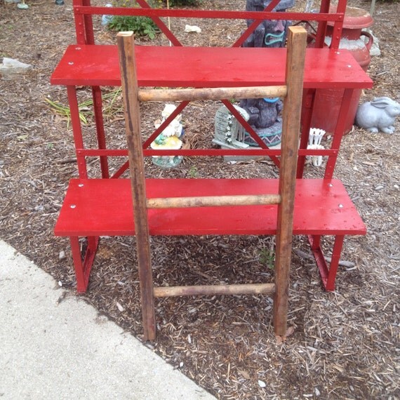 L4 Repurposed Vintage 3 Rung Round Step Wooden Ladder Rustic
