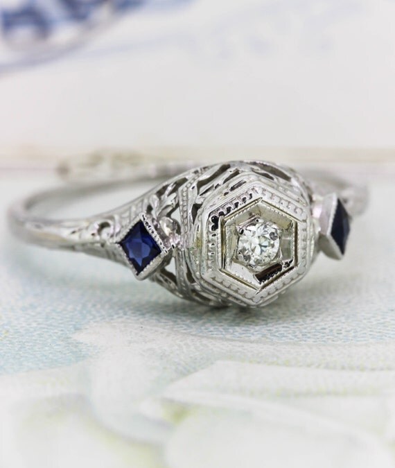 reserved antique sapphire engagement ring dainty art deco diamond ring 14k white gold wedding - Dainty Wedding Rings reserved antique sapphire engagement ring dainty art deco diamond ring 14k white gold wedding - Dainty Wedding Rings