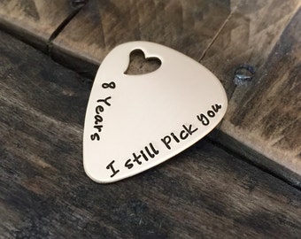 custom Hand stamped bronze guitar pick open heart 8 year anniversary gift