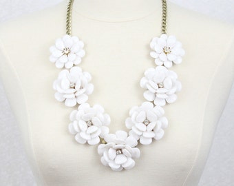 Beaded Rose Necklace White Flower Statement Necklace Big Flower Necklace Chunky Rose Necklace Big Rose Necklace