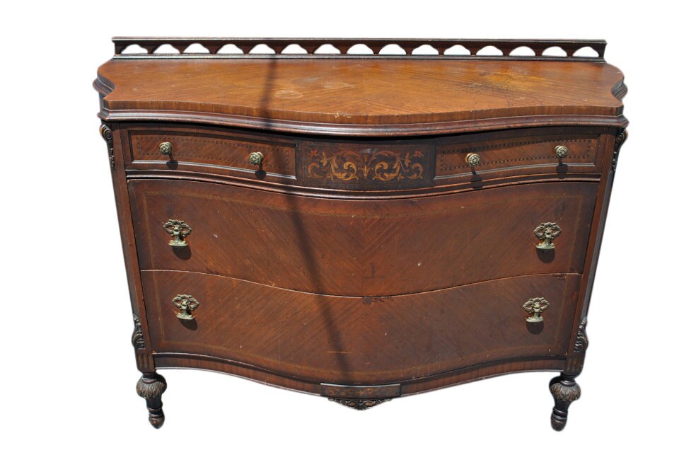 Antique Bombe Style Serpentine Front Mahogany Dresser with Gallery