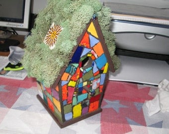 Faux Mossy top mosaic birdhouse