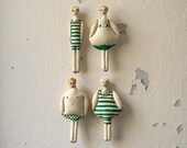 Set of FOUR,Textile Ornament,Swimmers in Green Bathing Suits,Hand Painted Soft Sculpture,Wall Decor,Summer Decor,Nautical Decor