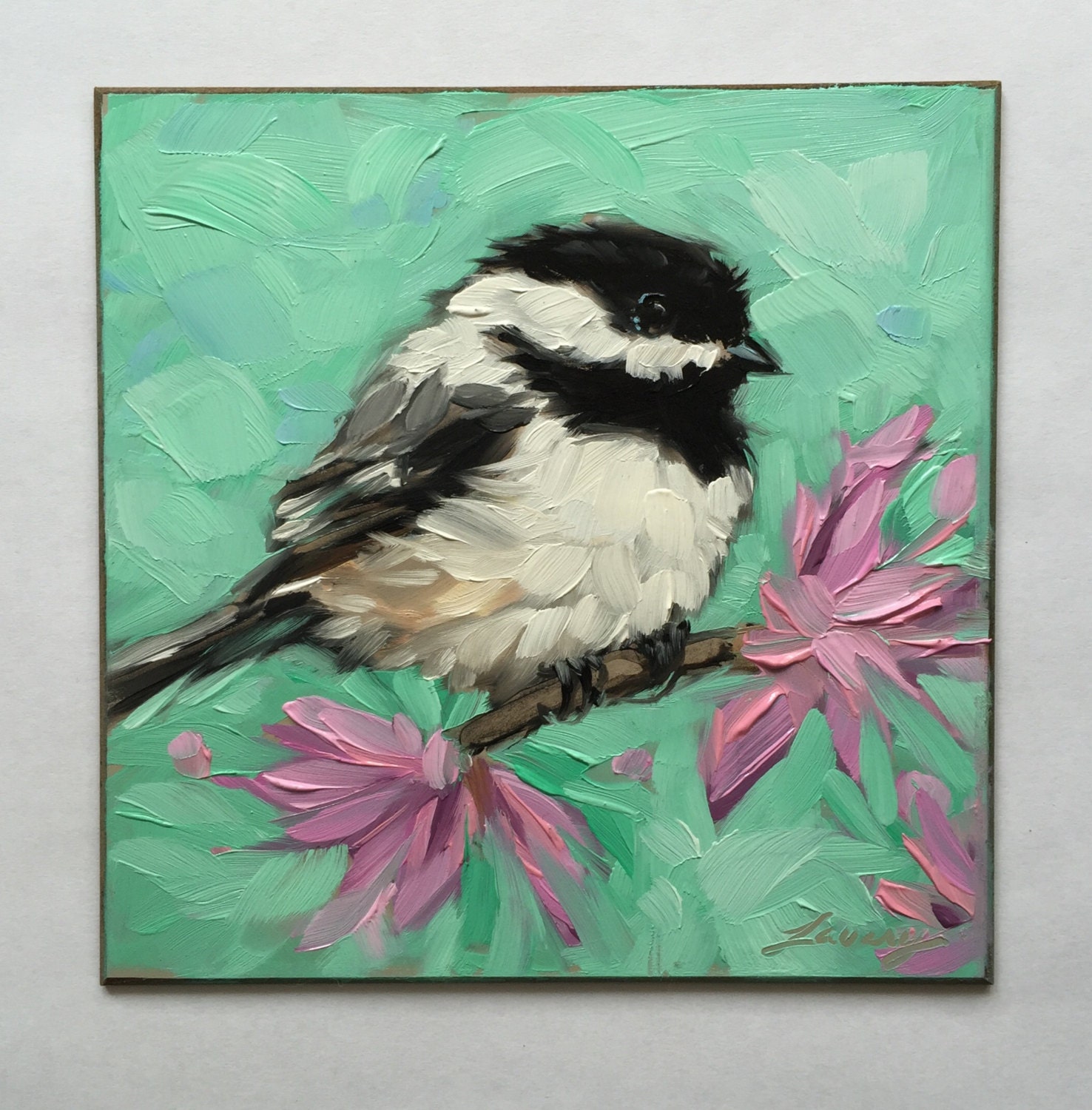 Chickadee painting Original impressionistic oil painting of a