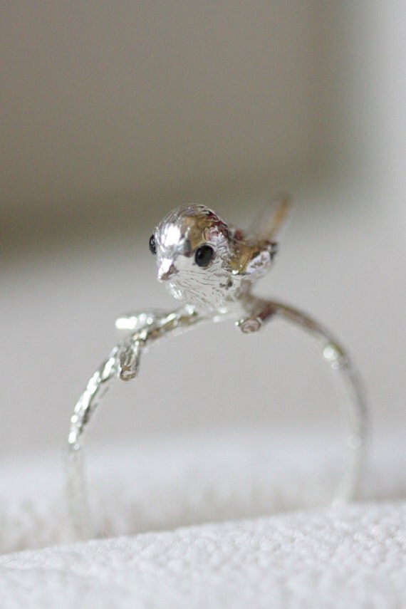 Sterling silver little bird ring, statement ring, silver ring, twig ...