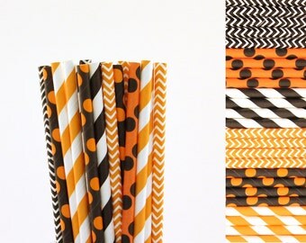 Orange and Black Paper Straw Mix-Orange Straws-Black Straws-Halloween Party Straws-Fall Carnival Straws-Striped-Chevron- Polka Dot Straws