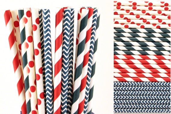 Patriotic Red White and Blue 4th of July Paper Straw Mix-Polka Dot-Striped-Chevron-Independence Day Paper Straw-Mason Jar Drinking Straws Il_570xn