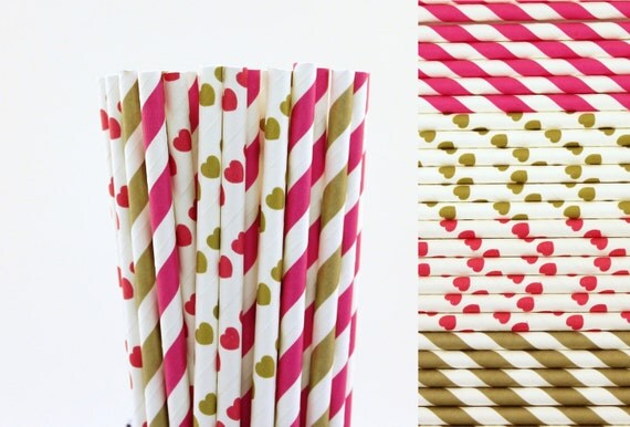 Hot Pink and Gold Paper Straw Mix-Hot Pink Straws-Gold Straws-Heart Straws-Striped Straws-Valentines Day Straws-Wedding Straws-Paper Straws Il_570xn