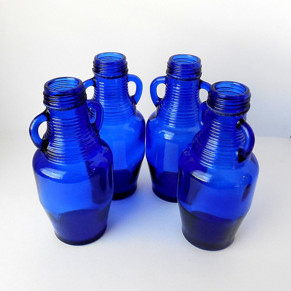 Cobalt Blue Glass Bottle with Handles set of 4 Vintage