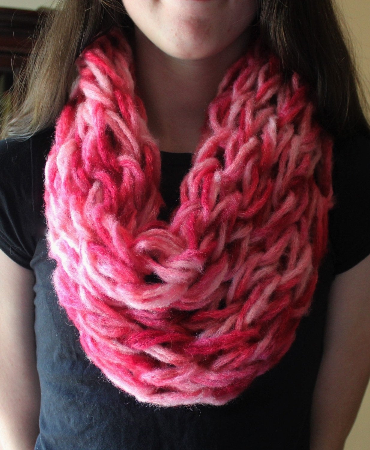 Chunky Handmade Knit Infinity Scarf Shades of Pink