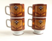 Vintage Mod 70s Coffee Cups Set of 4 Brown Orange Floral Pop Flowers