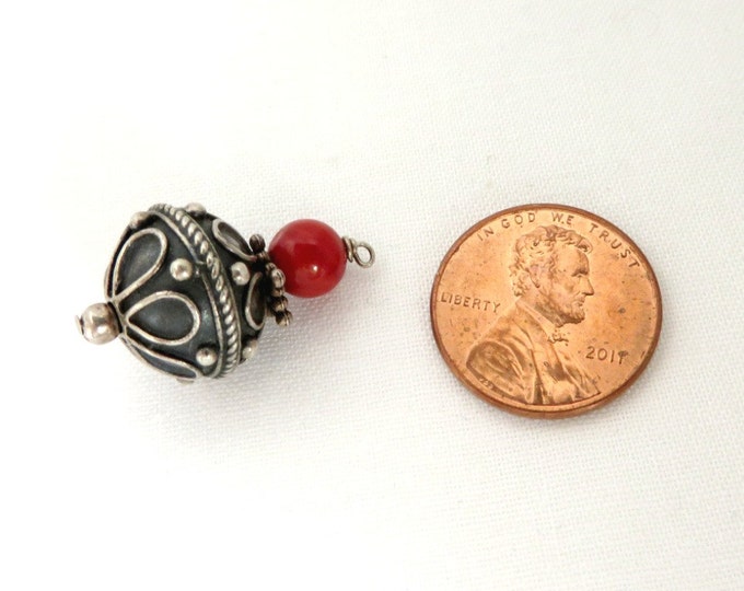 Sterling Silver Scrolled Ornament, Vintage Red Bead Charm