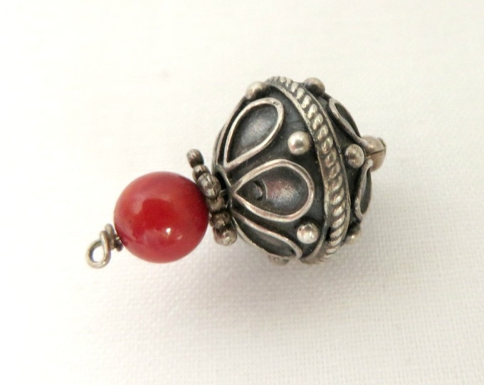 Sterling Silver Scrolled Ornament, Vintage Red Bead Charm