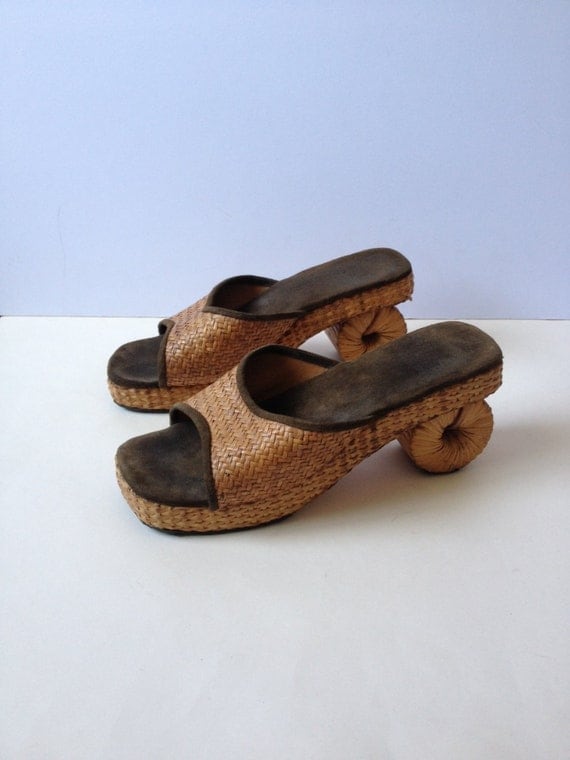 Vintage Slip on Sandals/ Wicker Shoes/ Platform