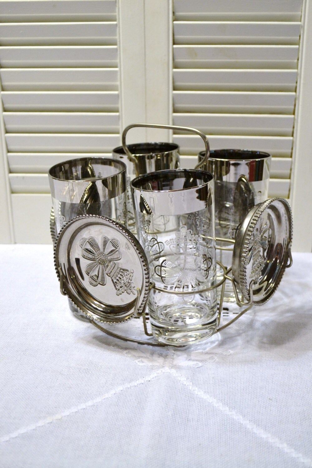 RESERVED Vintage Silver Glass and Coaster Set with Holder
