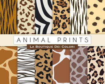 Animal prints digital paper. Safari Scrapbook paper pack. tiger skin, leopard dots, zebra stripes background pattern. commercial use clipart