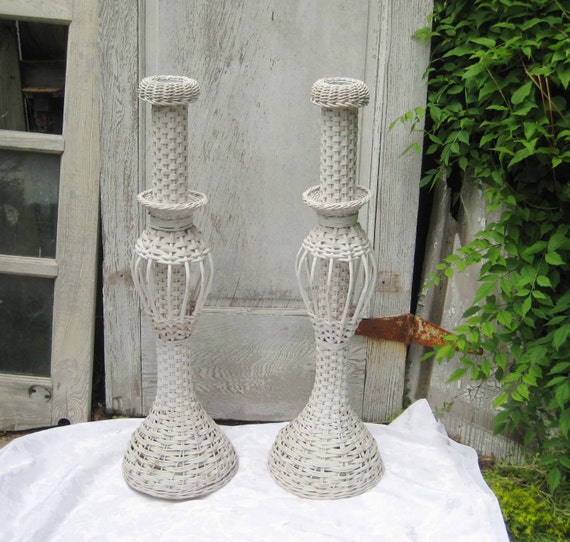 Pair of white wicker tall vases antique wicker wedding vases