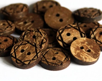 20 Star Carved Buttons 15mm - Coconut Shell Button - Thick Brown Wood - Natural Wooden - Star Etched Pattern - Patterned Buttons - NW80