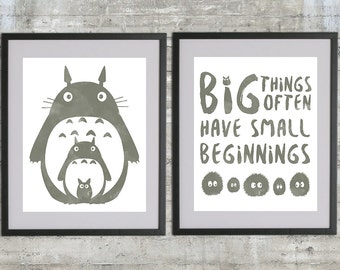 Totoro Art Printable, My Neighbor Totoro Poster Set With Totoro, Soot Sprites and Big Things Often Have Small Beginnings, set of 2 - 8x10s