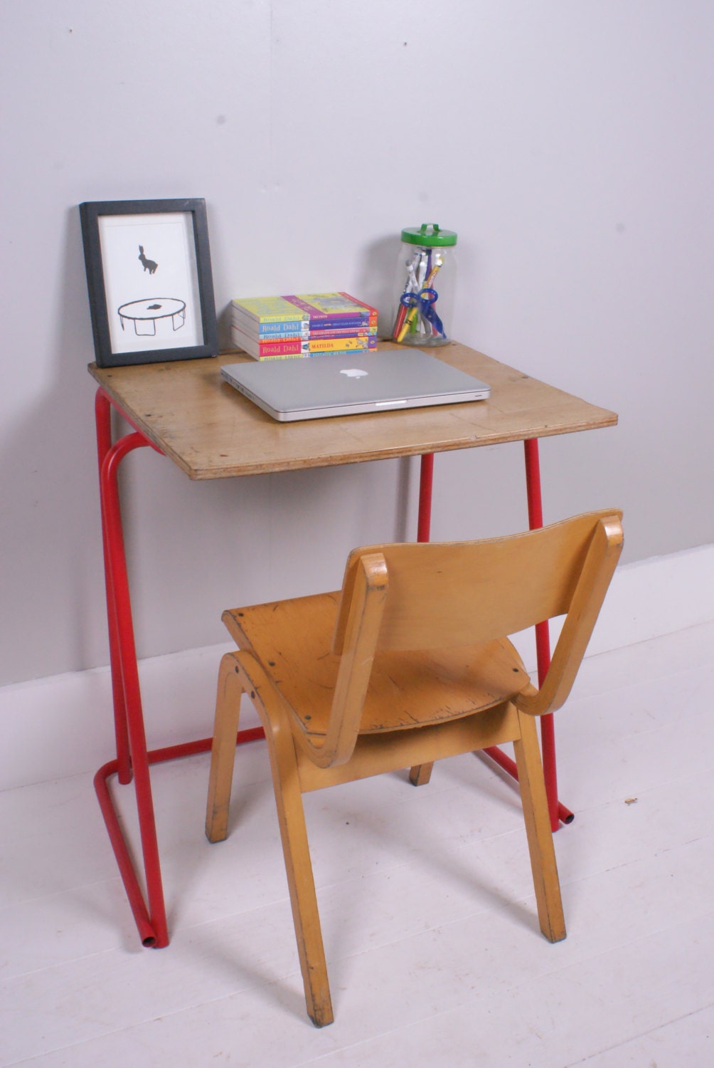 Children’s Vintage School Desk with Red Metal Legs Haute Juice