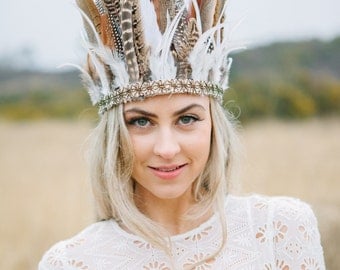 Wild Feather Headdress With Antique Gold Trim, Bridal Headdress, Boho Crown, Festival Feather Headdress