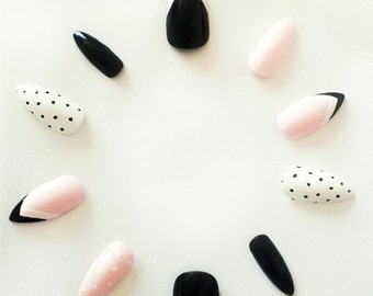 Pink & Black Stiletto Fake Nails, Hand Painted False Stiletto Nails, Handpainted Artificial Nails, Polka Dot Nail Art Design