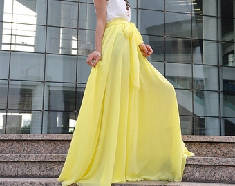 Beautiful Bow Tie Chiffon Maxi Skirt Silk Skirts Yellow