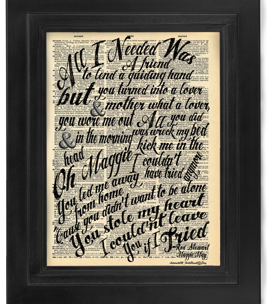 Rod Stewart Maggie May Lyric Calligraphy on Antique