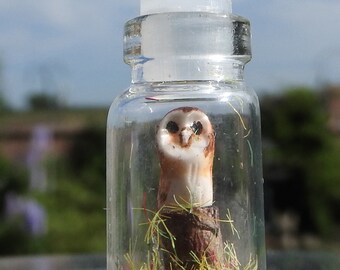 Hand made miniature barn owl in a tiny bottle pendant necklace collectable