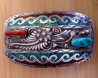 Tom Ahasteen belt buckle, vintage navajo belt buckle, Sterling silver, turquoise and coral belt buckle