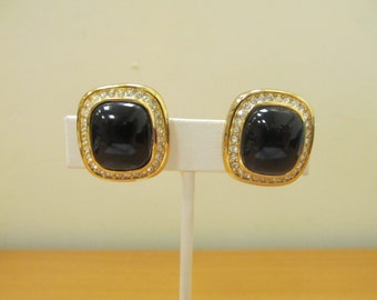 CHRISTIAN DIOR Black Glass and Rhinestone Earrings Item W-#74