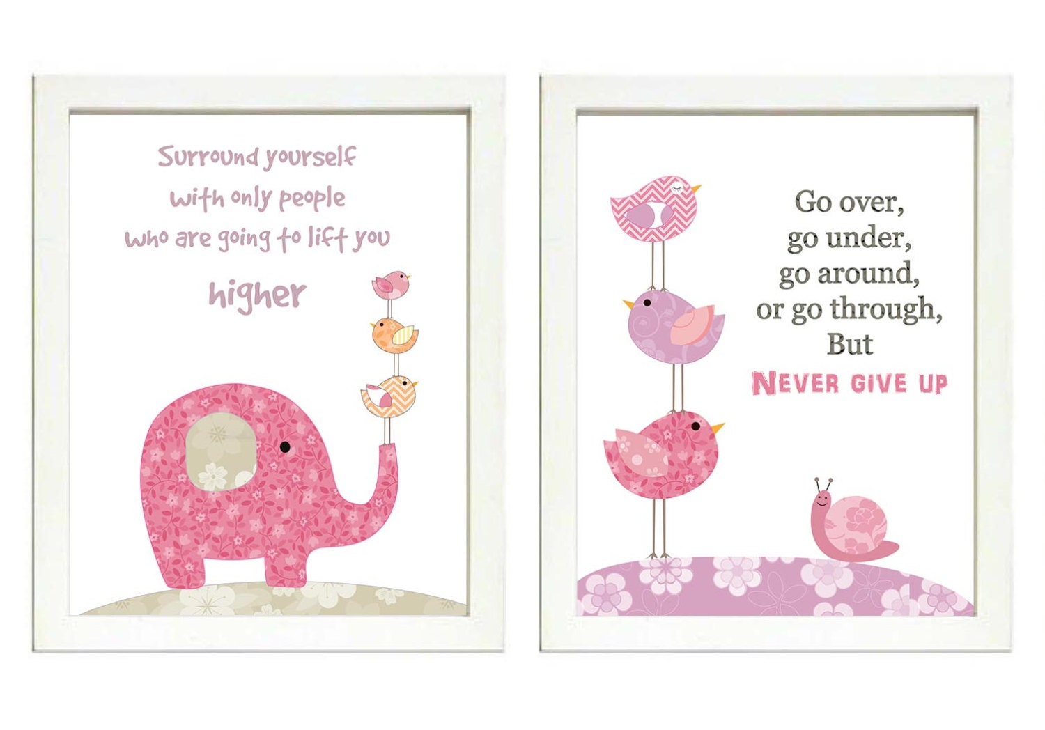 Pink Lilac Purple Girls Nursery Art Print Set of 2 Elephant Snail Bird Baby Nursery Print Girl Child