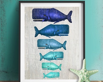 Whale Family Blue on Grey : whale poster Nautical Print Art Illustration whale gift whale art Digital Print Wall Art Wall Décor Wall Hanging