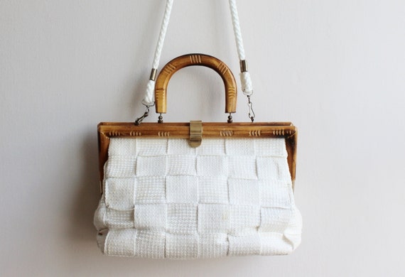 canvas bag, Woven Bag, Wood handle bag, Unique Handbag, Knit Tote ...