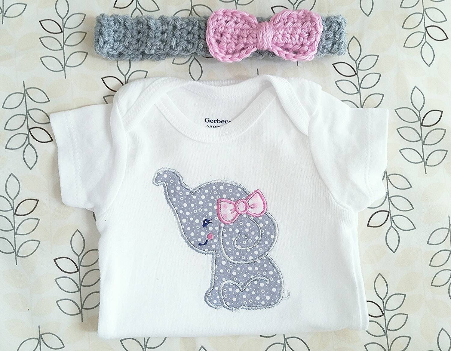 Personalized Baby girl elephant onesie and headband set